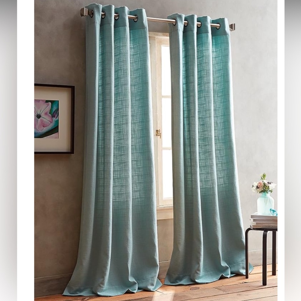 DKNY Boucle Plaid Grommet Window Curtain Panel Pair ~ Aqua